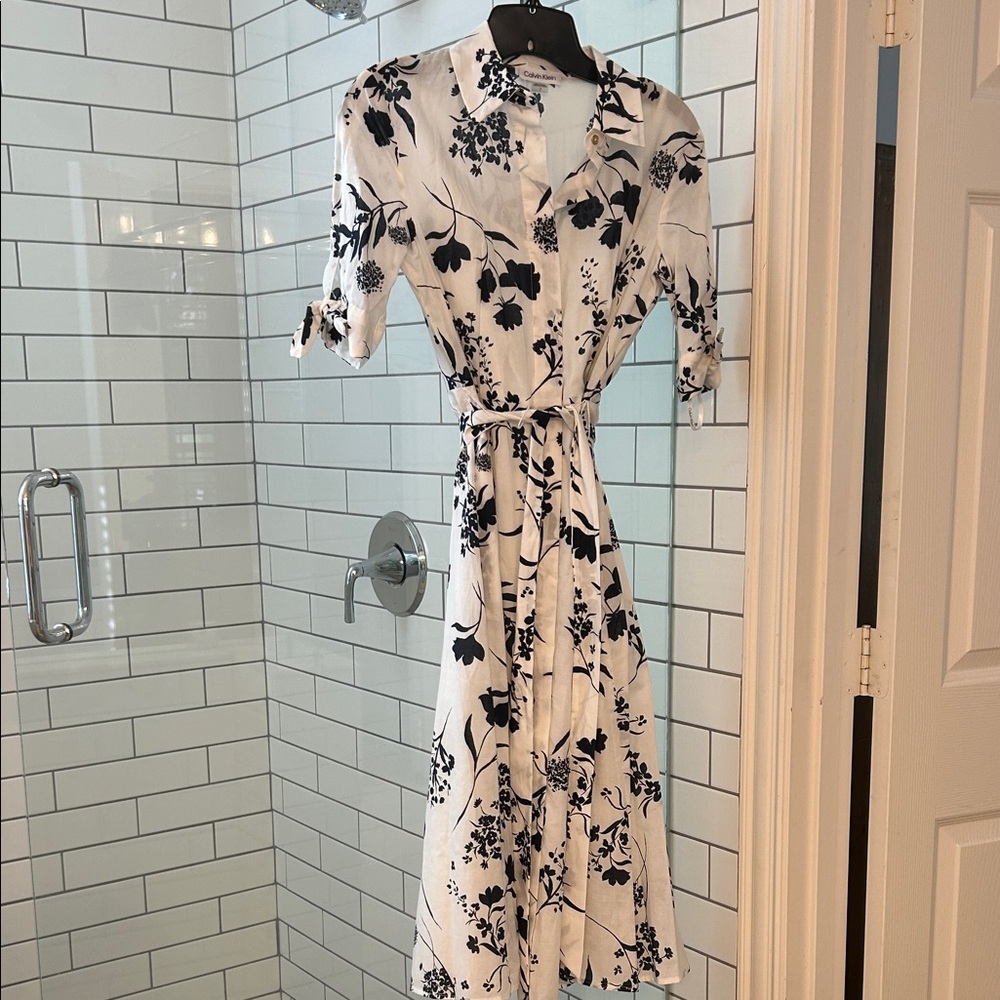 Calvin Klein Black and White Floral Long Sleeve Dress